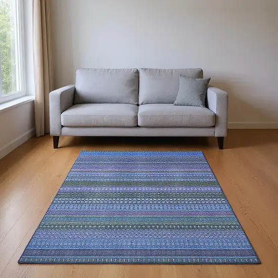 Blue And Ivory Striped Washable Area Rug With UV Protection Photo 2