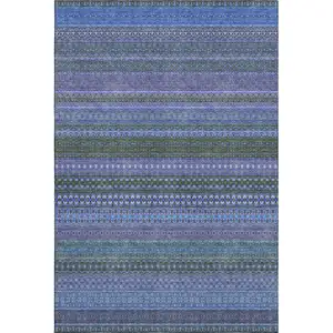 Photo of Blue And Ivory Striped Washable Area Rug With UV Protection