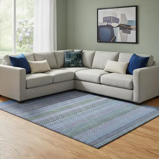 Blue And Ivory Striped Washable Area Rug With UV Protection Photo 1