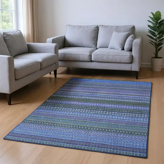 Blue And Ivory Striped Washable Area Rug With UV Protection Photo 2