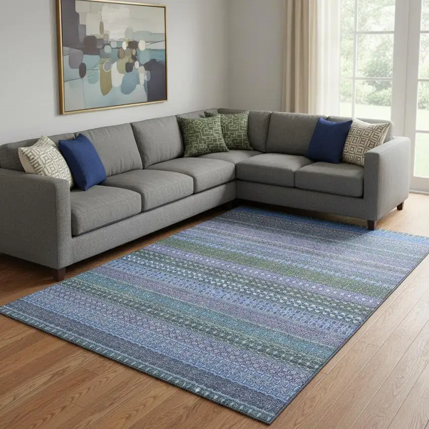 Blue And Ivory Striped Washable Area Rug With UV Protection Photo 1