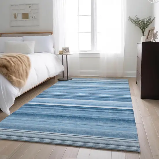 Blue And Ivory Striped Washable Area Rug With UV Protection Photo 5
