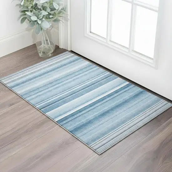 Blue And Ivory Striped Washable Area Rug With UV Protection Photo 2