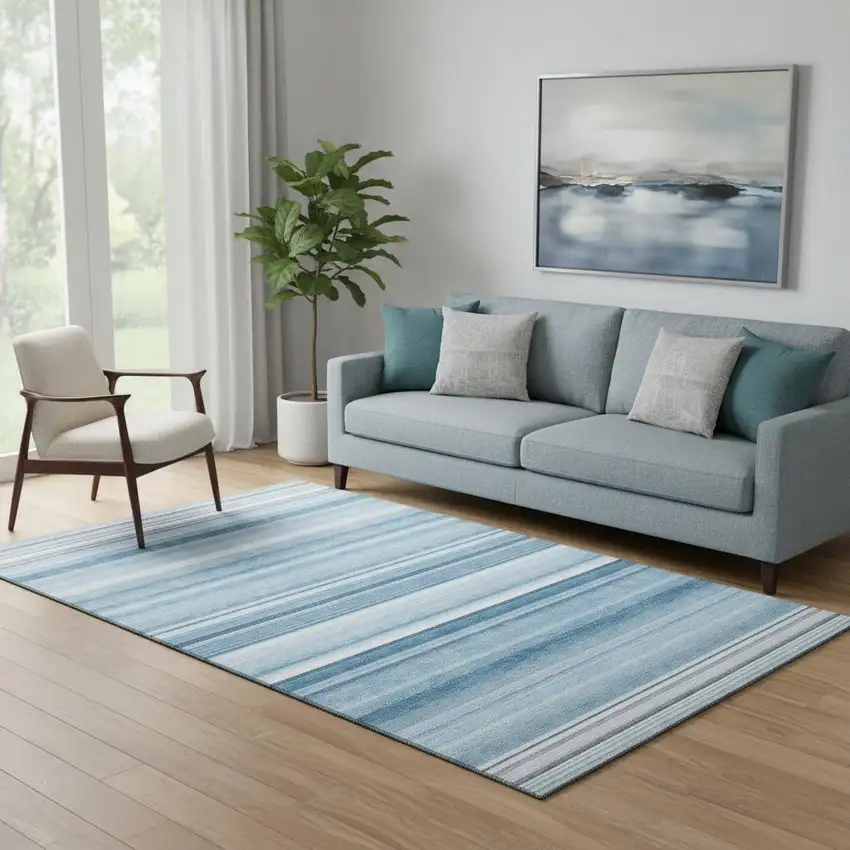 Blue And Ivory Striped Washable Area Rug With UV Protection Photo 1