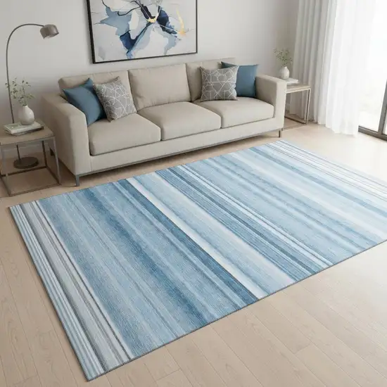 Blue And Ivory Striped Washable Area Rug With UV Protection Photo 2