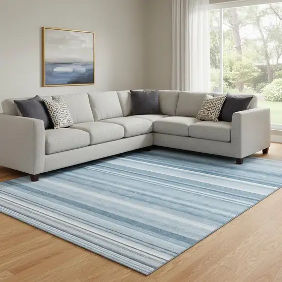 Blue And Ivory Striped Washable Area Rug With UV Protection Photo 1