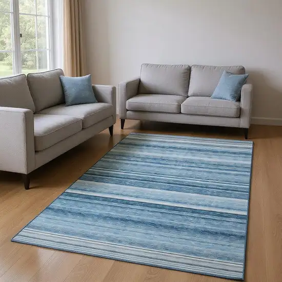 Blue And Ivory Striped Washable Area Rug With UV Protection Photo 2