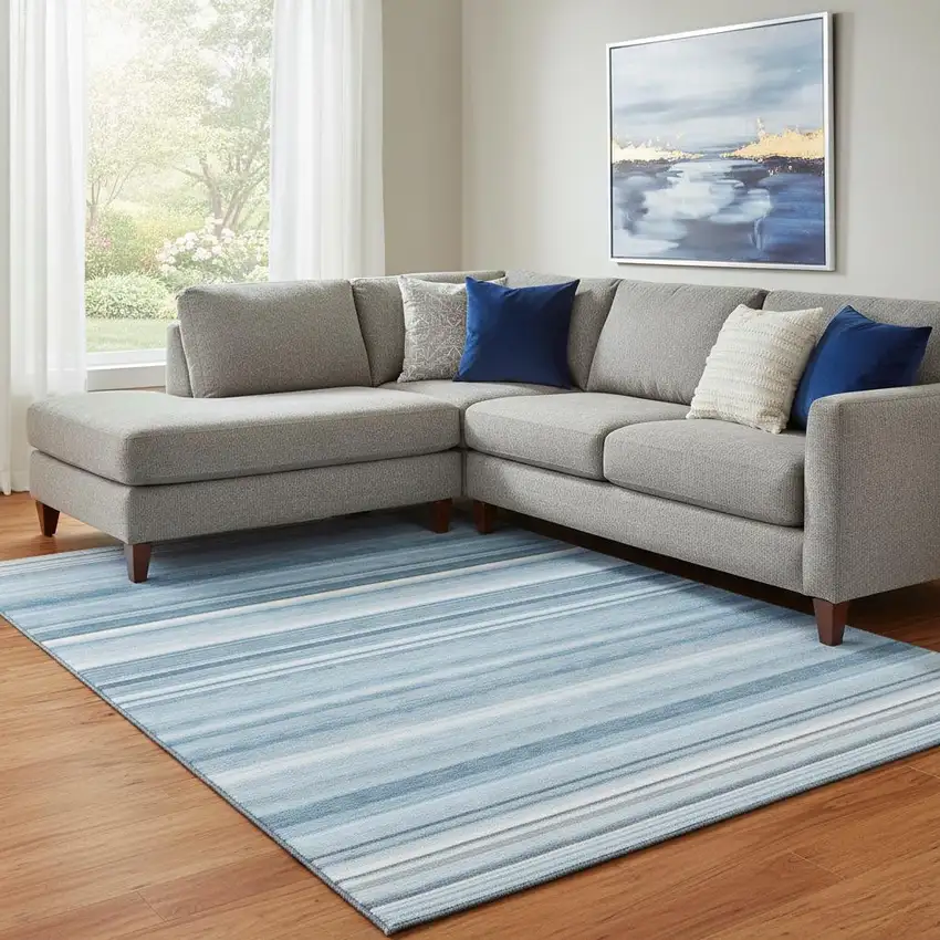 Blue And Ivory Striped Washable Area Rug With UV Protection Photo 1