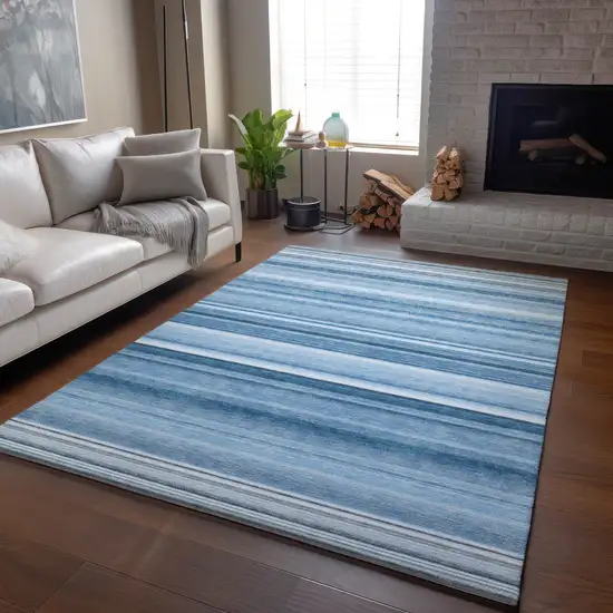 Blue And Ivory Striped Washable Area Rug With UV Protection Photo 7