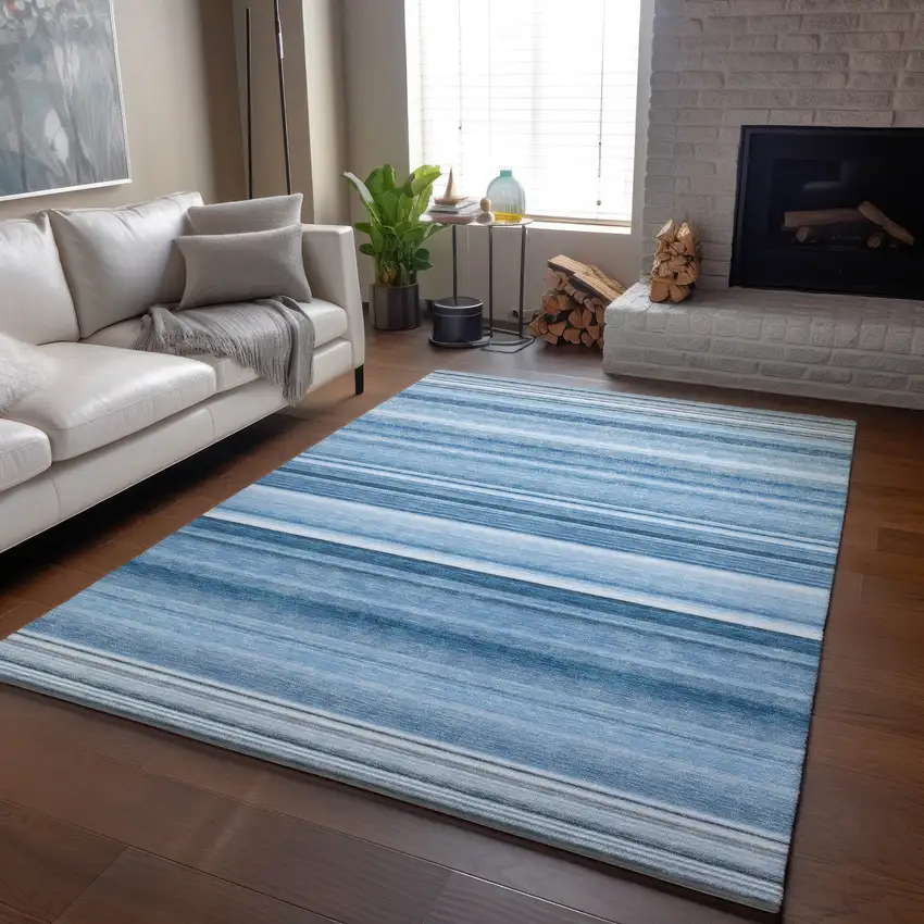 Blue And Ivory Striped Washable Area Rug With UV Protection Photo 7