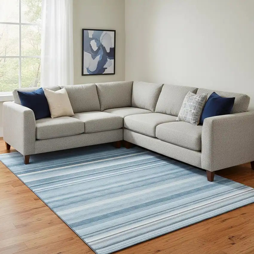Blue And Ivory Striped Washable Area Rug With UV Protection Photo 1