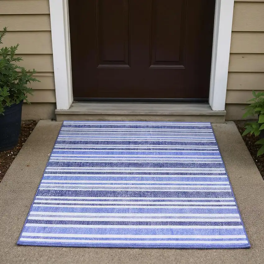 Blue And Ivory Striped Washable Area Rug With UV Protection Photo 2