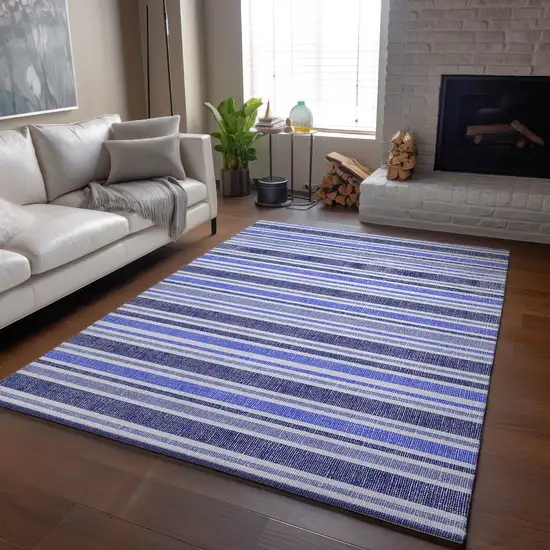 Blue And Ivory Striped Washable Area Rug With UV Protection Photo 6