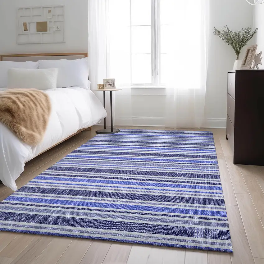 Blue And Ivory Striped Washable Area Rug With UV Protection Photo 5