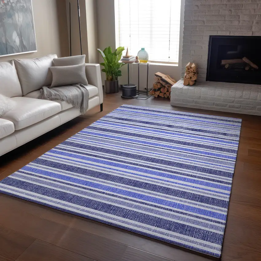 Blue And Ivory Striped Washable Area Rug With UV Protection Photo 6