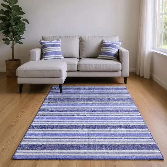 Blue And Ivory Striped Washable Area Rug With UV Protection Photo 2
