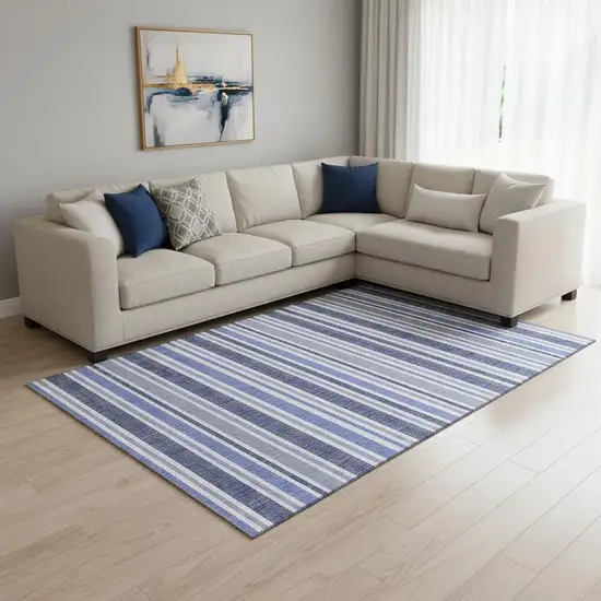 Blue And Ivory Striped Washable Area Rug With UV Protection Photo 1