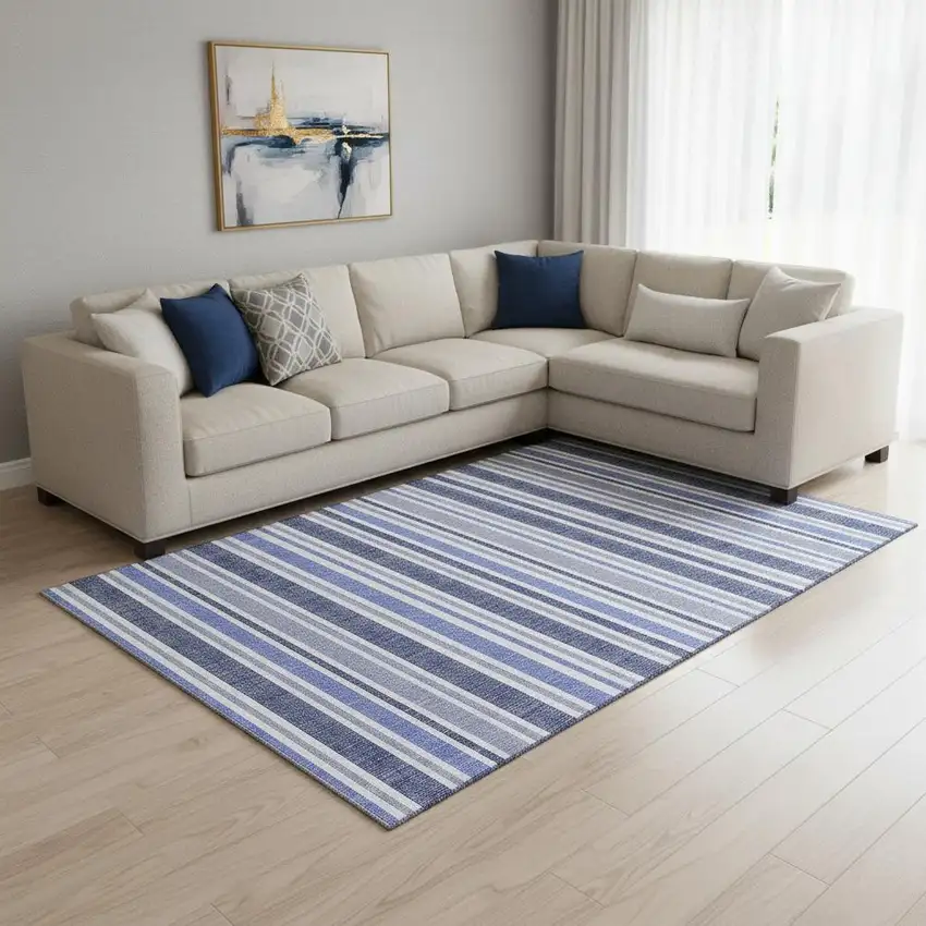 Blue And Ivory Striped Washable Area Rug With UV Protection Photo 1