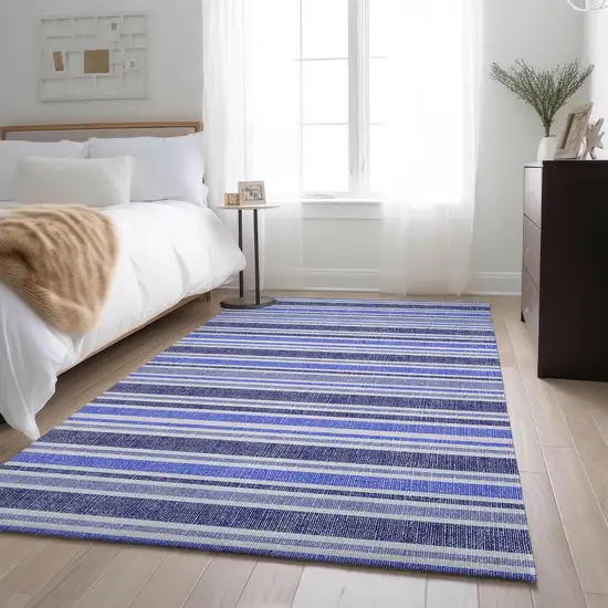 Blue And Ivory Striped Washable Area Rug With UV Protection Photo 4