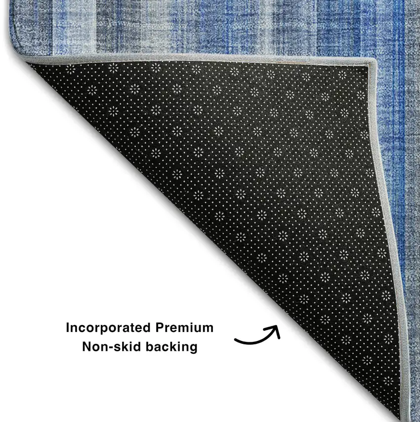 Blue And Ivory Striped Washable Area Rug With UV Protection Photo 5