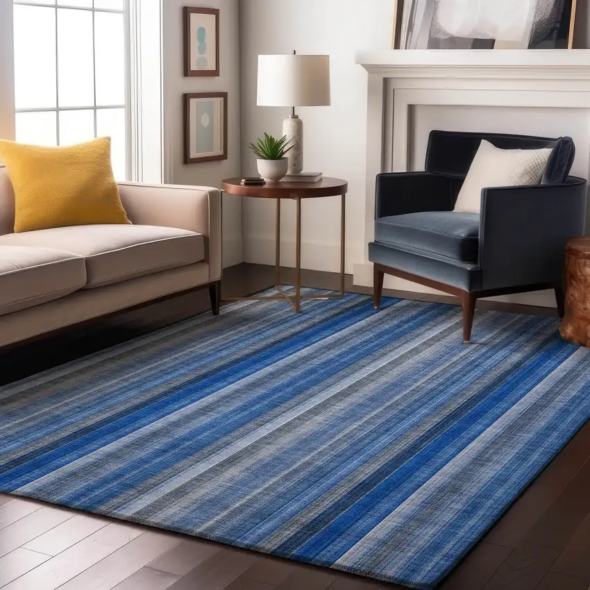 Blue And Ivory Striped Washable Area Rug With UV Protection Photo 2