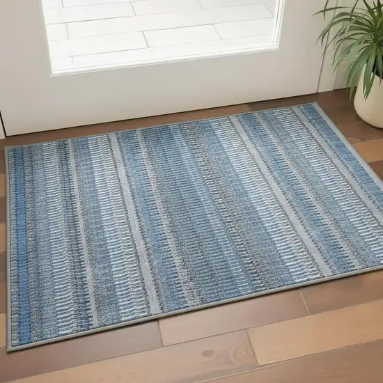 Blue And Ivory Striped Washable Area Rug With UV Protection Photo 1