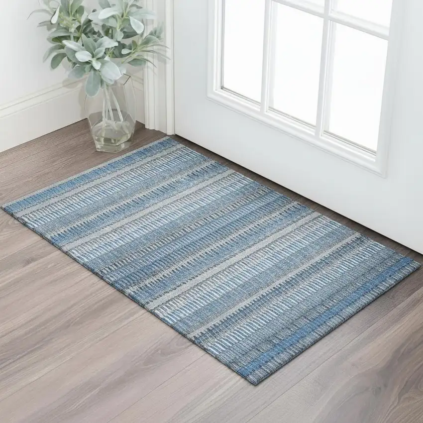 Blue And Ivory Striped Washable Area Rug With UV Protection Photo 1