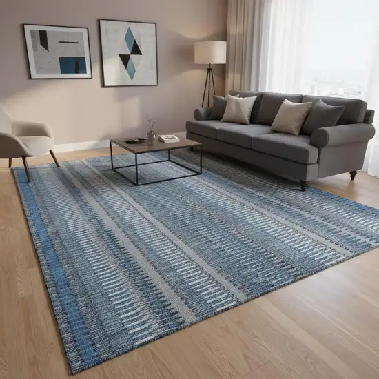 Blue And Ivory Striped Washable Area Rug With UV Protection Photo 2