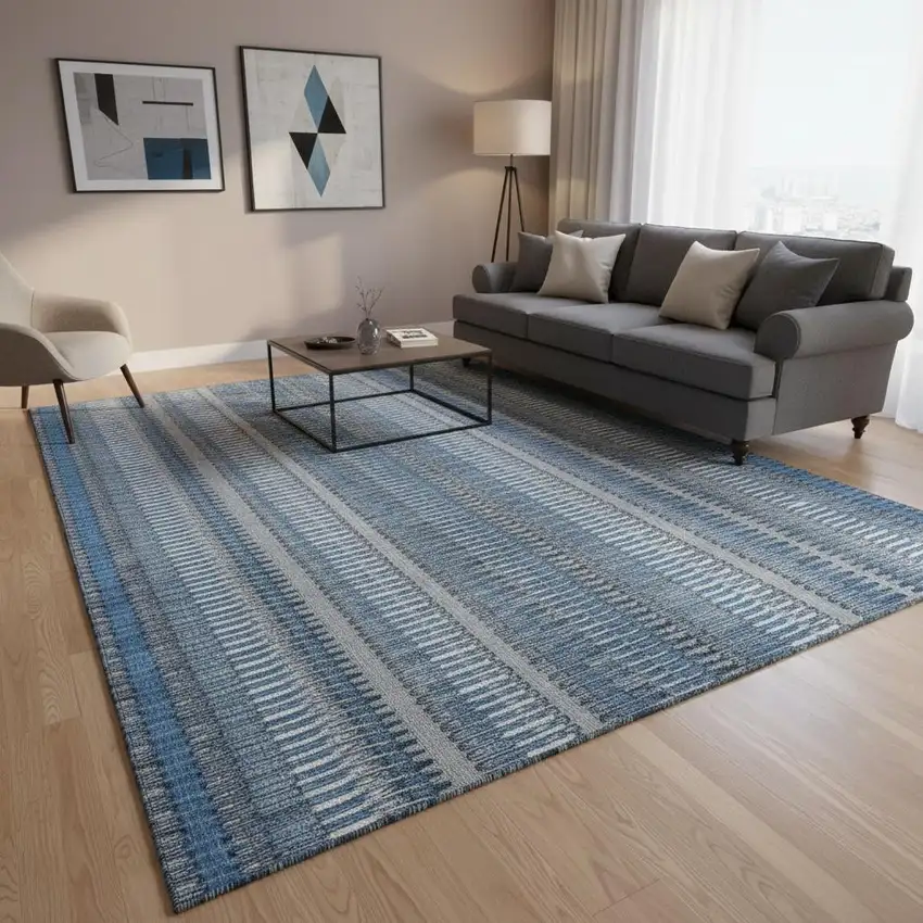 Blue And Ivory Striped Washable Area Rug With UV Protection Photo 2