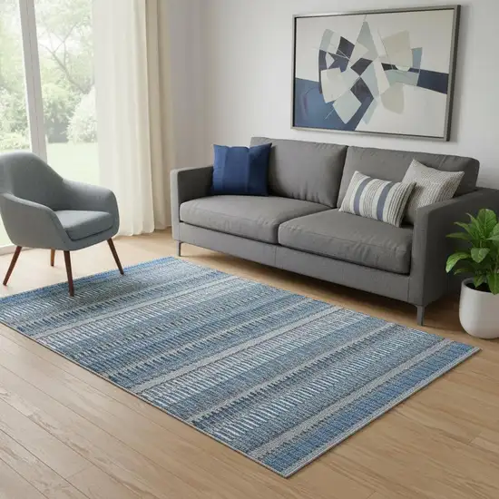 Blue And Ivory Striped Washable Area Rug With UV Protection Photo 1