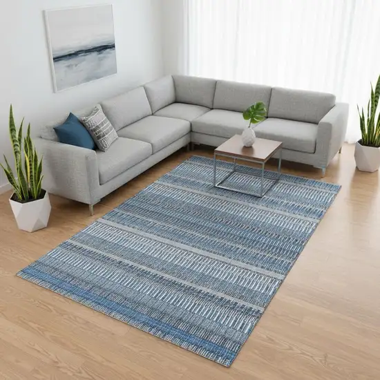 Blue And Ivory Striped Washable Area Rug With UV Protection Photo 2