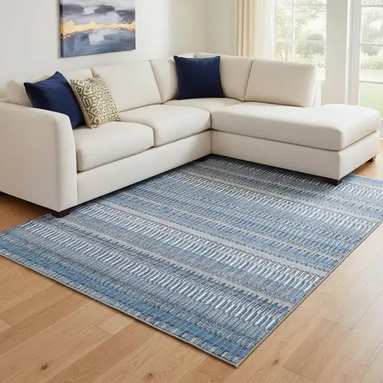 Blue And Ivory Striped Washable Area Rug With UV Protection Photo 1