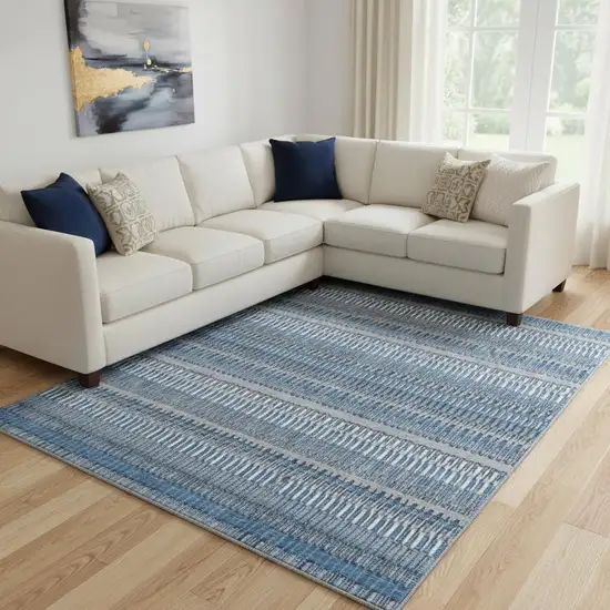 Blue And Ivory Striped Washable Area Rug With UV Protection Photo 1