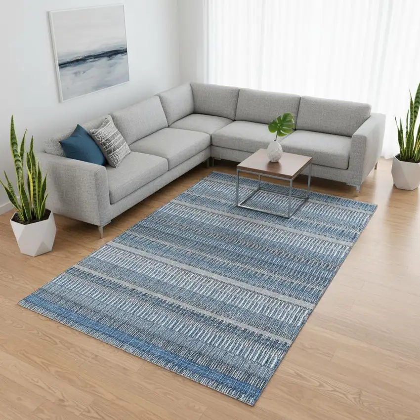 Blue And Ivory Striped Washable Area Rug With UV Protection Photo 2