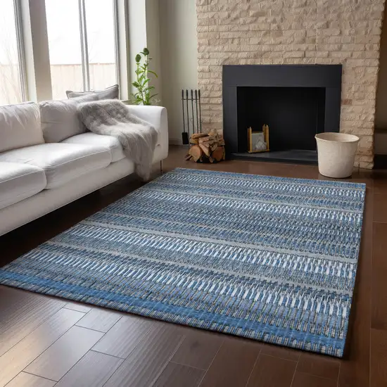 Blue And Ivory Striped Washable Area Rug With UV Protection Photo 6
