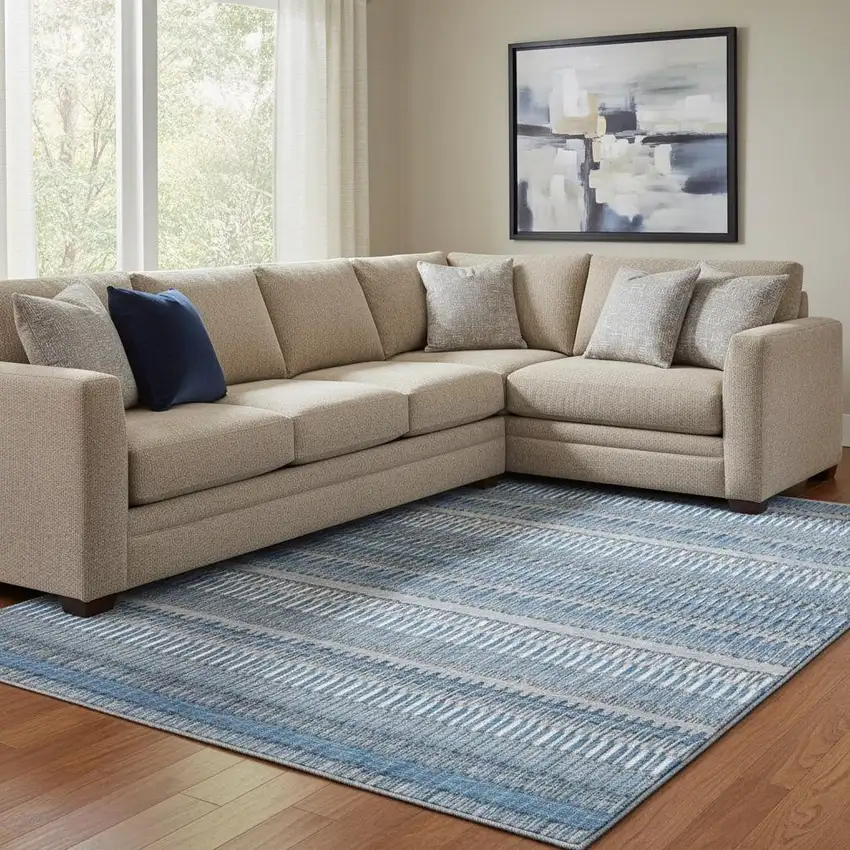 Blue And Ivory Striped Washable Area Rug With UV Protection Photo 1