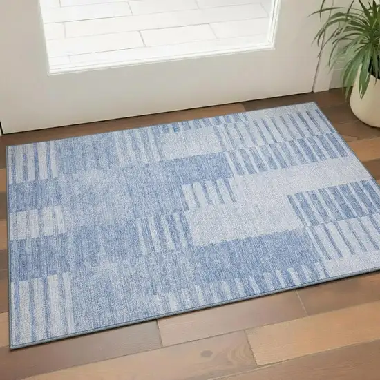 Blue And Ivory Striped Washable Area Rug With UV Protection Photo 1