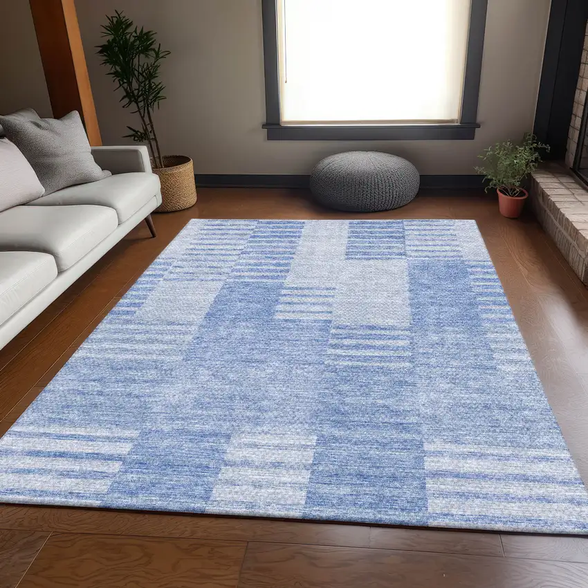 Blue And Ivory Striped Washable Area Rug With UV Protection Photo 4