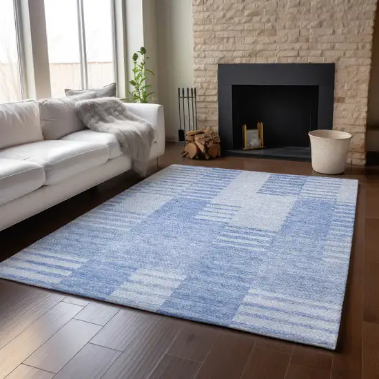 Blue And Ivory Striped Washable Area Rug With UV Protection Photo 5