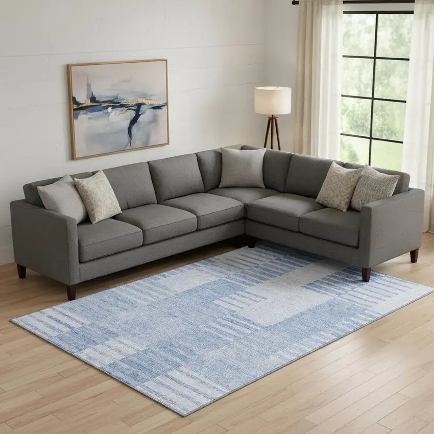 Blue And Ivory Striped Washable Area Rug With UV Protection Photo 1