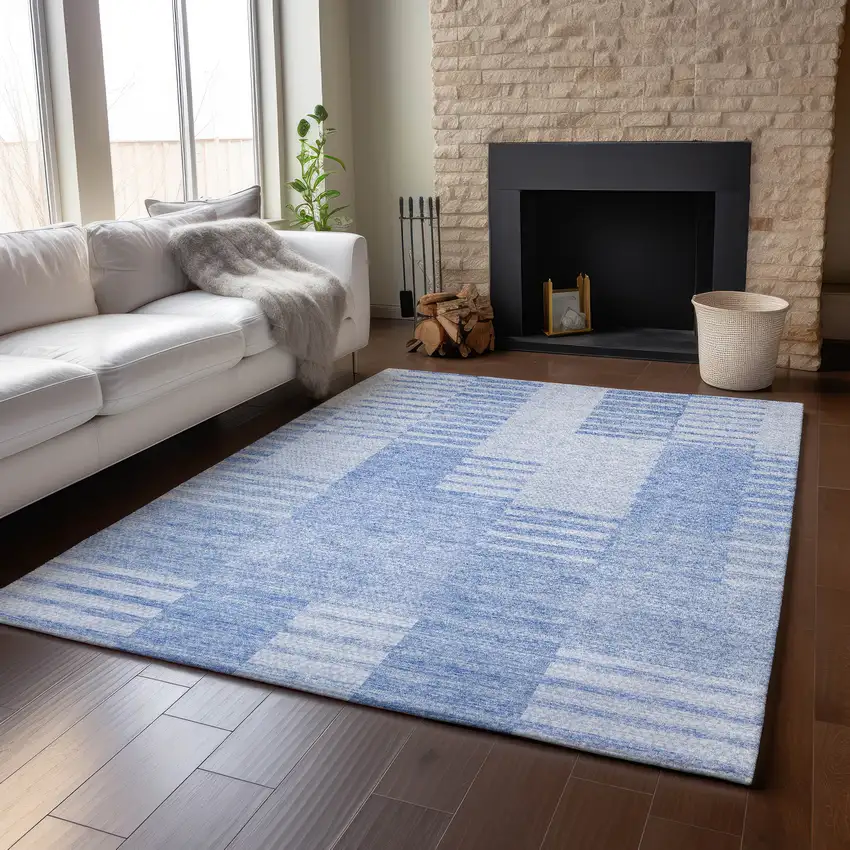 Blue And Ivory Striped Washable Area Rug With UV Protection Photo 5