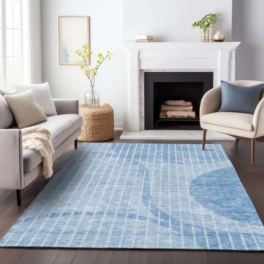 Blue And Ivory Striped Washable Area Rug With UV Protection Photo 4