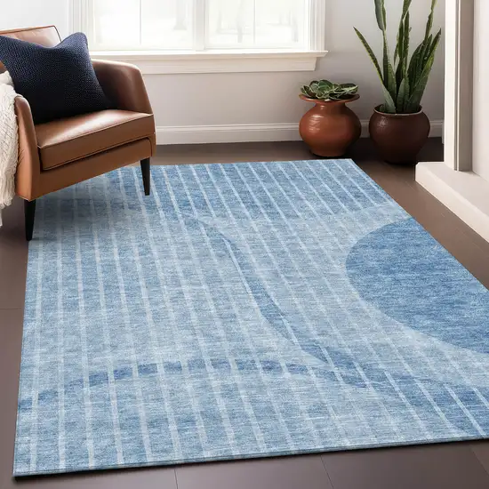 Blue And Ivory Striped Washable Area Rug With UV Protection Photo 5