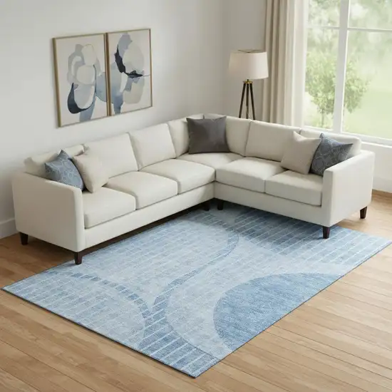 Blue And Ivory Striped Washable Area Rug With UV Protection Photo 1