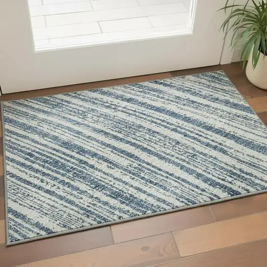 Blue And Ivory Striped Washable Area Rug With UV Protection Photo 2