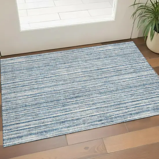 Blue And Ivory Striped Washable Area Rug With UV Protection Photo 1