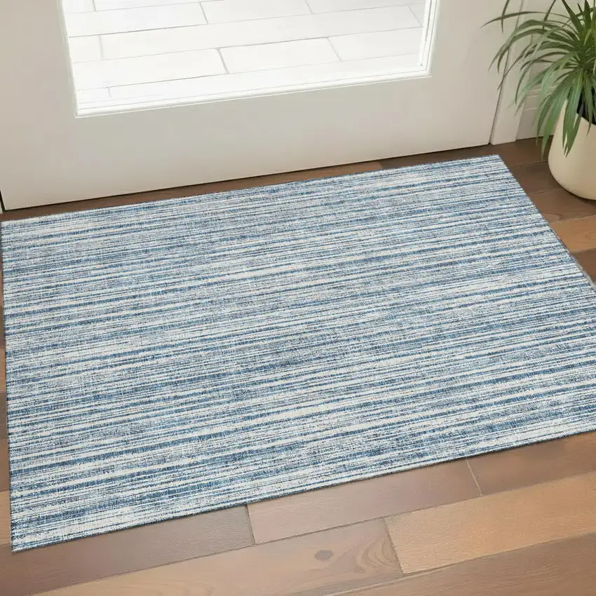 Blue And Ivory Striped Washable Area Rug With UV Protection Photo 1