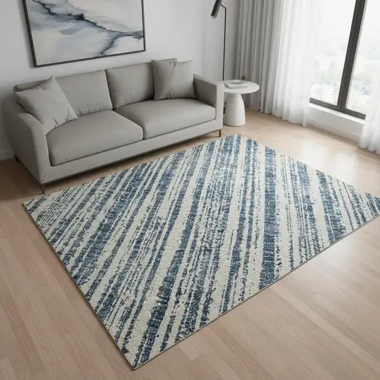 Blue And Ivory Striped Washable Area Rug With UV Protection Photo 2