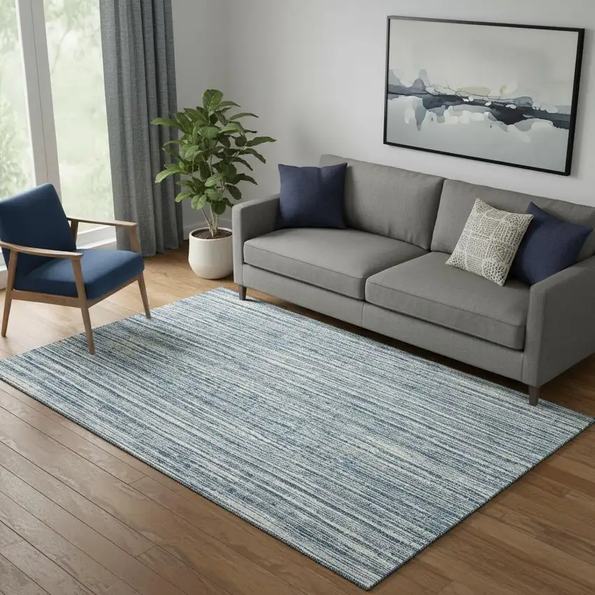 Blue And Ivory Striped Washable Area Rug With UV Protection Photo 1