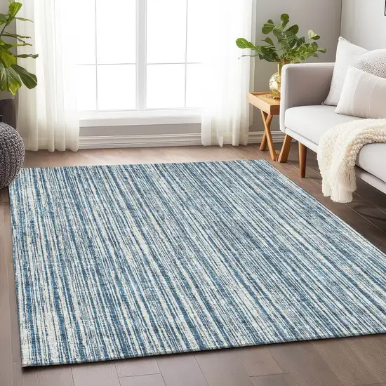 Blue And Ivory Striped Washable Area Rug With UV Protection Photo 4